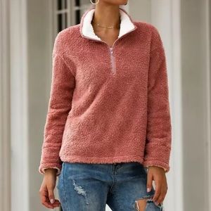 Plush Teddy Sweatshirt Pink White Zip with Collar
